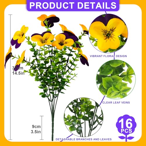 lovemoon 16 Pcs Artificial Pansy Flowers for Outdoors Yellow Faux Silk Spring Flowers for Outside, UV Resistant Realistic Pansies for Window Front Door Porch and Garden Home Decor (16, Purple,Yellow) - color: Purple,yellow