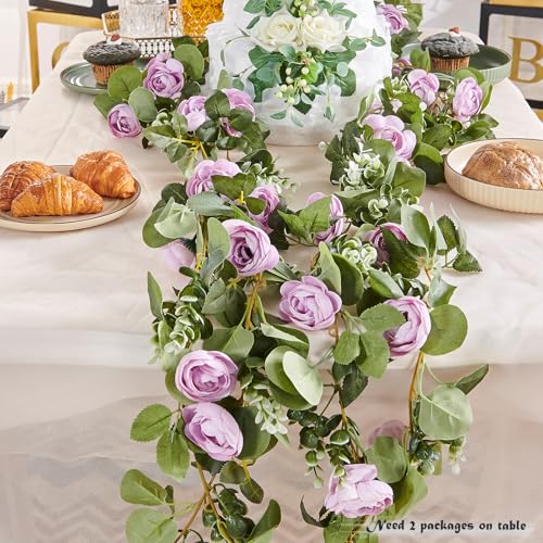 PONKING Flower Garland Artificial Rose Vine Flowers Hanging Fake Roses Vines for Wedding Birthday Party Valentines Christmas Room Wall Arch Decor, 2 Purple Floral Garland Decorations - color: 2" Flower Purple Vines 5.4ft