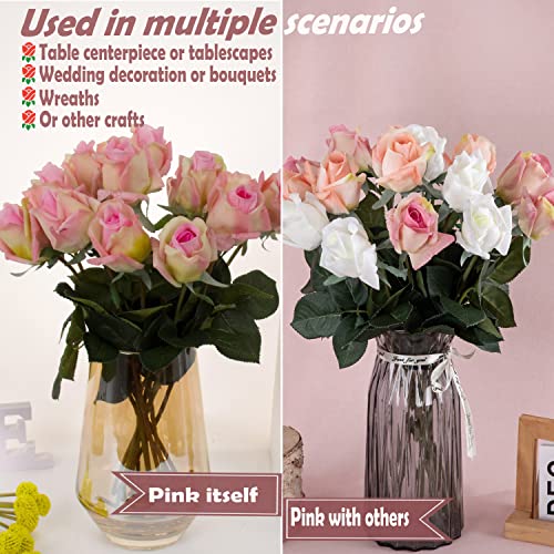 12pcs Half Opened Artificial Rose Buds,17 Inch Real Touch Silk Roses with Partially Opened Flowers, Artificial Flower for Home Décor Centerpiece Wedding Bouquet,Pink - color: Pink