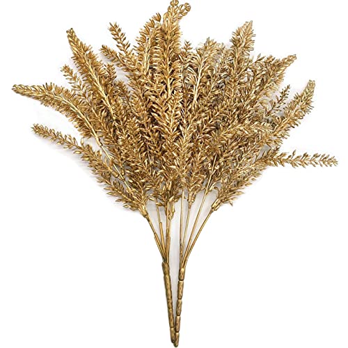 CATTREE Artificial Plants for Christmas Decoration, Plastic Grass Faux Shrubs Fake Lavender Leaves Simulation Wheat Ears Bushes Home Indoor Garden Wedding Hall Table Planter Filler - Gold 2 Pcs - color: Golden Lavender -2 Pcs