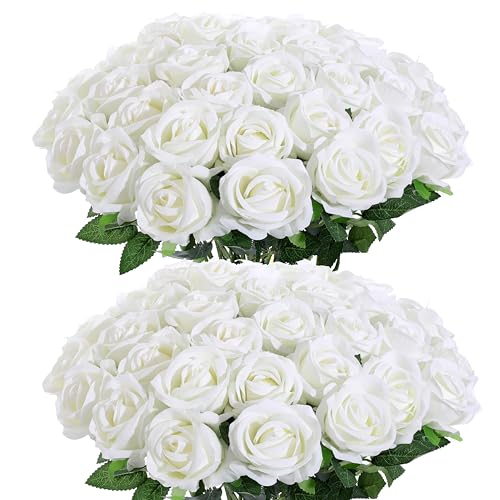 50Pcs White Roses Artificial Flowers Fake Roses Faux Velvet Silk Flower for Home Wedding Decoration (Pearl Rose, White) - color: Pearl Roses - White 50p