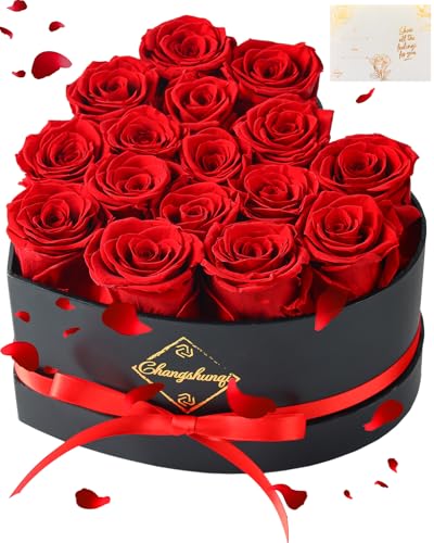 Changshunqi 16 Flowers Forever Preserved Roses in Heart Box, Preserved Flowers for Delivery Birthday Gifts Women Anniversary Forever Flowers for Mothers Gift Real Rose Forever Gifts for Women Mom Wife - color: Rose Red