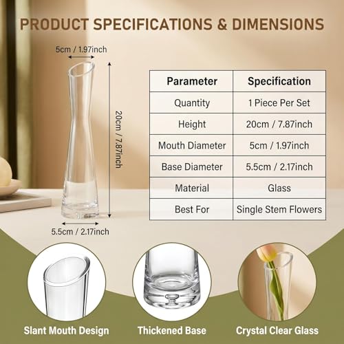 20cm/7.9inch Tall Clear Glass Thin Narrow Necked Bud Vase Slim Single Stem Flower Vase Floral Vase Centerpiece for Wedding Party Home Table Decor - size: 20cm/7.9inch