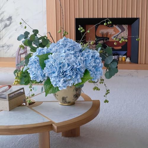 YalzoneMet 4Pcs Light Blue Hydrangea Artificial Flower Natural Lifelike Real Touch 21 inch Long Stem Hydrangea Latex Flower Bouquets for Home Party Outdoor Wedding Table Centerpiece Decor - color: Light Blue