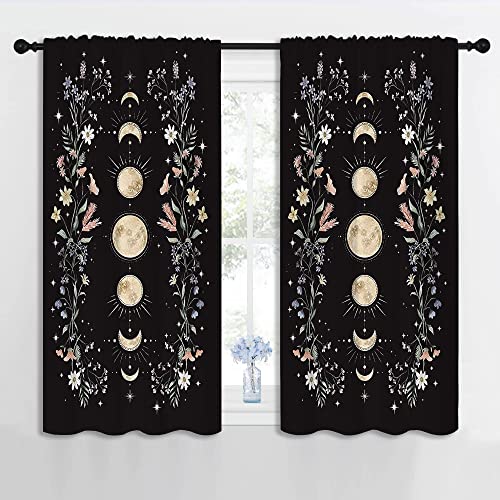 Boho Yellow Floral Wildflower Rod Pocket Blackout Curtains for Teen Bedroom,Moon Phase Moonlit Garden Witchy Gothic Aesthetic Thermal Insulated Home Window Drapes for Living Room Darkening,42x45in - color: Boho Yellow Floral Wildflower-006, size: 42"W x 4