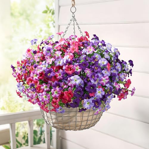 Artificial Flowers for Outdoors Decoration, 20 Bundles Faux Morning Glory with Eucalyptus Look Real UV Resistant Fake Plants Silk Flowers for Outside Yard Gardens Porch Patio Planter Home Urn, Mix - color: 4 Color(5 Purple, 5 Gradient Purple, 5 Fuchsia, 5