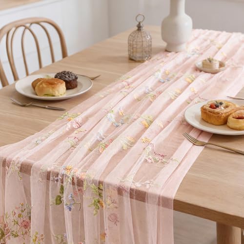 BINBE 3pcs Pink Florals Table Runner Embroidery Gauze 10FT Daisy Seasonal Tulle Birthday Wedding Holiday Kitchen Dining Table Decor for Home Party - color: Pink, size: 10ft x 3pack