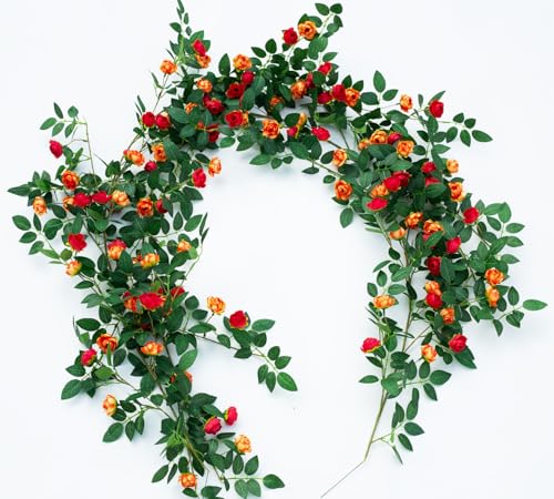 2PCS x 6FT Bendable Rose Vine Hanging Flower Garland Wildflower Floral Garland for Wall Decor Trellis Fence Home Room Decoration (Orange, 2pcs) - color: Orange, size: 2pcs