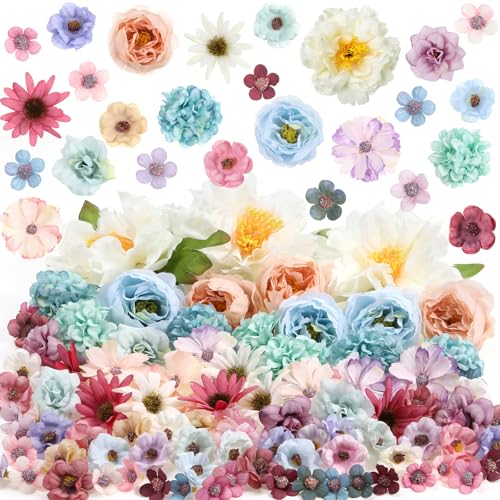 Thiccywoov 250 Pcs Artificial Flowers Heads Bulk Mini Silk Mix Flowers Fake Peony Daisy Rose Multicolor for Blossom Wreath Bouquets Wedding Home Decorations Party Craft Garland DIY(Multicolor) - color: Multi Color