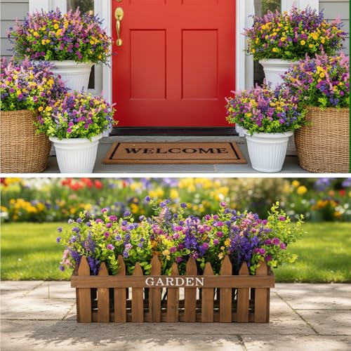 CEWOR Artificial Flowers for Outdoor Indoor, Fake Multiple Color Flowers, Faux Flower for Garden Front Door Porch Planter Patio Home Decor (12 Bundles, Purple Fuchsia Pink Yellow) - color: Multi Color