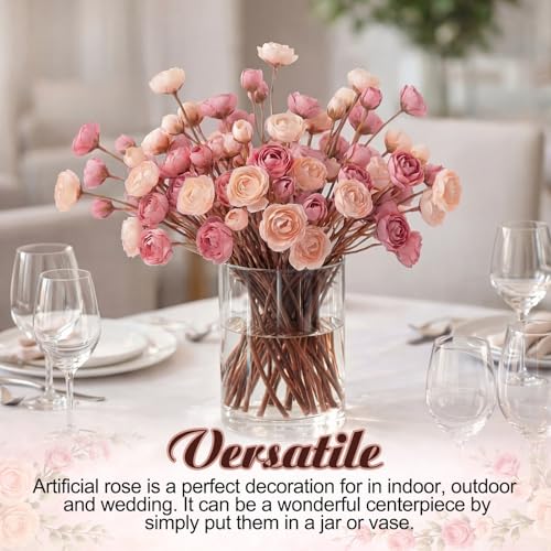 XunYee 60 Pcs Dusty Rose Artificial Ranunculus Flowers Bulk Faux Ranunculus Bouquet Realistic Silk Pink Rose Flowers Decoration for Wedding, Home, DIY Bouquet, Centerpieces, Bridal Shower, Arrangement