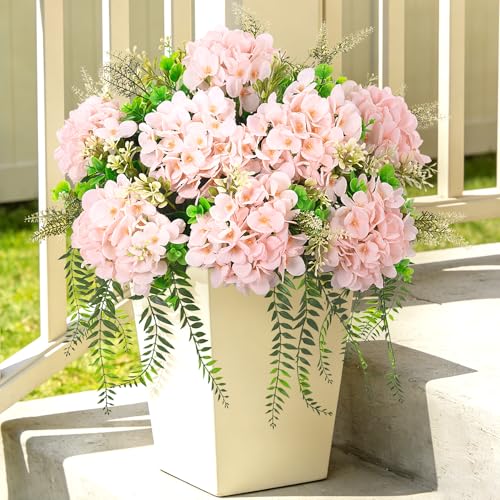 Ammyoo Artificial Hydrangea Flowers Silk Pink Fake Flower with Eucalyptus for Outdoor Decorations UV Resistant Realistic Faux Plants for Garden Porch Window Box Indoor Bathroom Dining Table Decor - color: Light Pink