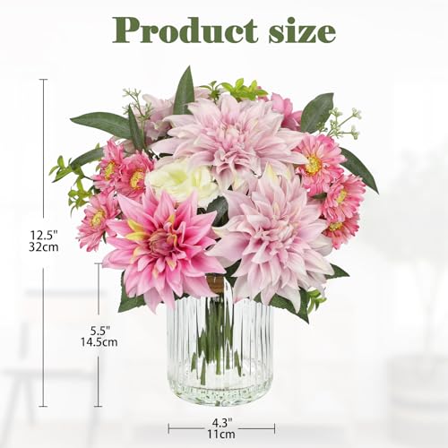 Briful Artificial Flower Arrangement with Glass Vase, 12.5" Faux Dahlia Silk Flowers Centerpiece Table Decorations Pink Mixed Floral Bouquet for Home Office Dining Room Coffee Table Wedding Decor - color: Pink Purple