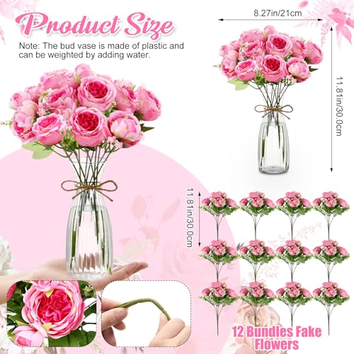 Thiccywoov 19 Pack Artificial Peony Flowers with Vase Bulk, 12 Bundles Faux Peony Bouquet 6 Vase with 1 Rope Silk Flower Arrangement Wedding Table Centerpiece for Wedding Bridal Shower(Cherry Pink) - color: Cherry Pink