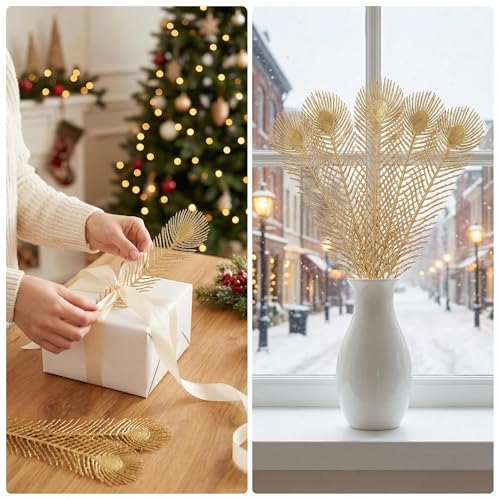 40 Pcs Decor Fake Feather Leaves for Christmas Decor Gold Leaf Artificiales para Table Wedding Home Room Office Decoracion (20Inch) - color: Gold-e