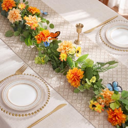 Giegxin 1 Pack 6 ft Artificial Flower Garland Flower with Dahlia and Daisy Yellow Fake Butterflies Wisteria Vines Summer Greenery Eucalyptus Garland for Wedding Mantle Porch Stair Table Indoor Decor - style: Dahlia,Daisy Flower,Butterflies