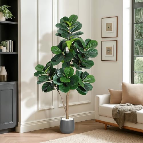 5 ft Fiddle Leaf Fig Tree Artificial with 77 Leaves - Realistic Faux Ficus Lyrata Trees in 7.8 in Grey Planter Pot, Indoor Fake Floor Plants for Home Office Living Room Decor, Housewarming Gift - color: With Black Planter, size: 5ft