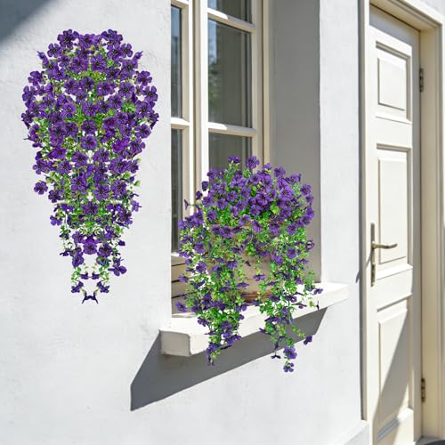 UV Resistant Artificial Hanging Flowers Outdoor Decor - 2 Pack Fake Hanging Plants with Silk Daisies for Spring Summer, No Fade Faux Flowers for Planter, Front Door, Porch, Patio, Garden, Yard - color: Purple