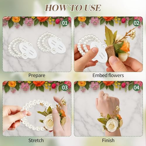 Corsage Wristlet,Elastic Double-Strand Pearl Corsage Wristlet Band for Women,Wrist Corsage Bracelets for Wedding Party Decorations,Graduation Party,DIY Handmade Flower Supplies - size: 8PCS