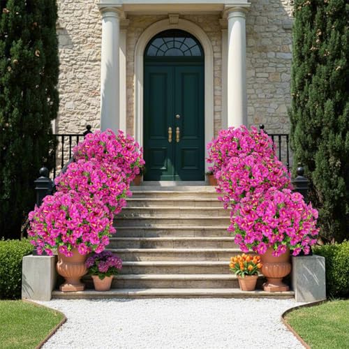 Bassion Artificial Flowers for Outdoors, 20 Bundles Silk Fake Flowers UV Resistant Realistic Morning Glory Faux Eucalyptus Plants for Outside Planters Porch Window Box Garden Indoor Decor - color: Fuchsia