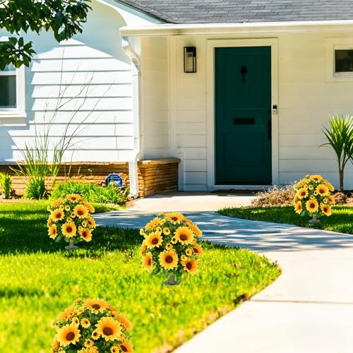 24" Artificial Boxwood Topiary Ball Tree with Ground Spike Sunflower for Outdoor Planters, UV Resistant & Waterproof Bushes, Fake Outdoor Plants for Porch Garden Yard, Set of 2