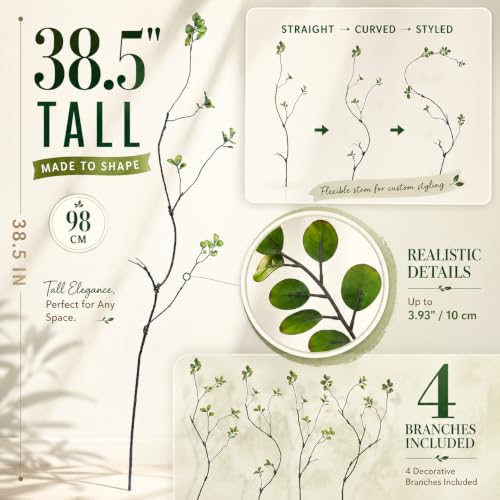 4 Pcs 38.5" Tall All-Green Artificial Branches with Leaves, Realistic Faux Ficus Greenery Stems, Bendable Fake Plant Twigs for Tall Floor Vases, Home Centerpiece, Office & Spring Decor - color: Green