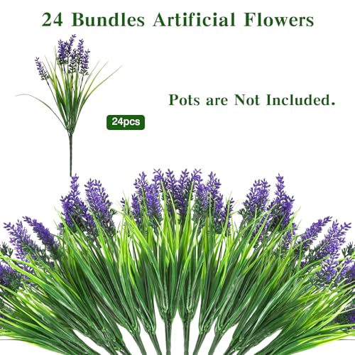 CEWOR Artificial Plants Outdoor Fake Monkey Grass with Lavender Flowers Grass UV Resistant Faux Plants for Garden Porch Window Patio Planter Pathway (24 Bundles) - color: Purple Lavender
