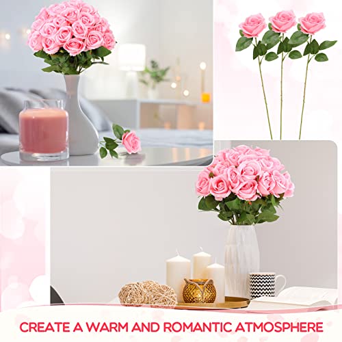 Jexine 50 Pcs Artificial Rose Flower Bulk Realistic Silk Fake Roses with Long Stem Plastic Artificial Flower Bouquet Real Looking for Home Wedding Centerpieces Party Decoration(Pink) - color: Pink