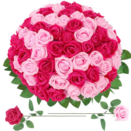 90 Pcs Hot Pink, Pink Velvet Rose Artificial Flowers with Long Stems, Fake Silk Roses Real Touch Fake Roses Florals for Birthday Wedding Bouquet Party Arrangement Decorations - color: Hot Pink, Pink