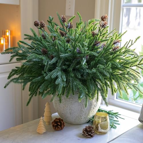 Artificial Christmas Norfolk Pine Stems Branches for Vases,12 Bundles Fake Pine Stems with 2 PCS Small Pinecones Branches Faux Evergreen Real Touch Greenery for Xmas Holiday Winter Table Indoor Decor - color: Small Pine Cones
