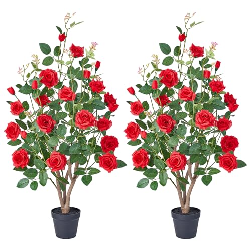 VeriNatural Fake Rose Plants,3Ft(36") Red Artificial Roses,UV-Resistant Faux Silk Flowers for Indoor Outdoor,Potted Faux Trees for Home Decor, Courtyard,Patio, Front Porch Topiary Set of 2 - color: Red, size: 3ft