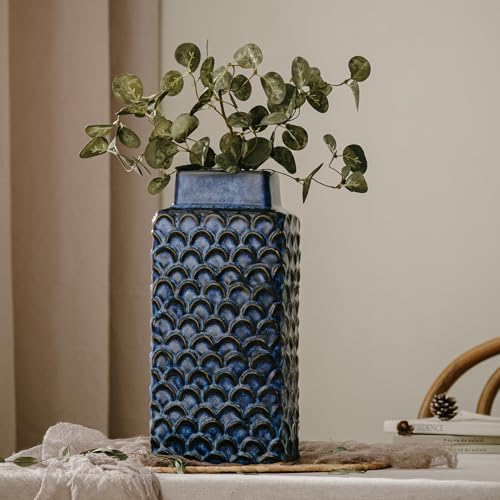 Ceramic Flower Vase, 12.6” Tall Vintage Blue Pottery Vase for Home Decor, Rustic Textured Vase for Pampas Grass, Living Room, Entryway, Mantel, Kitchen Table - color: 303-blue