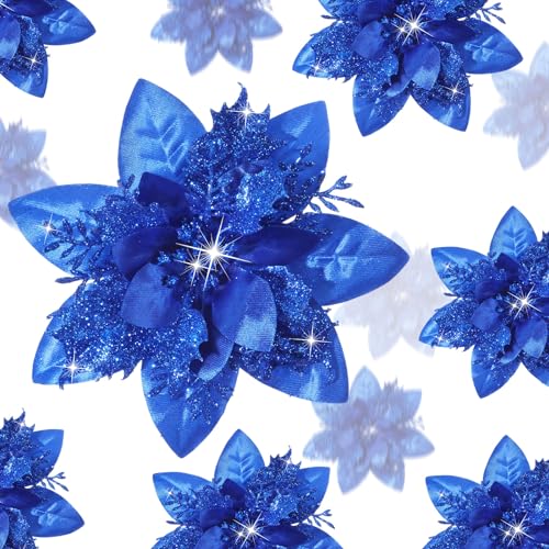 Geosar 36 Pcs Christmas Glitter Artificial Poinsettia Flowers Xmas Poinsettia Artificial Wedding Flowers Decorations Xmas Tree Ornaments with Clips for Party, 6 Inch, 4 Inch, 3 Inch(Royal Blue) - color: Royal Blue