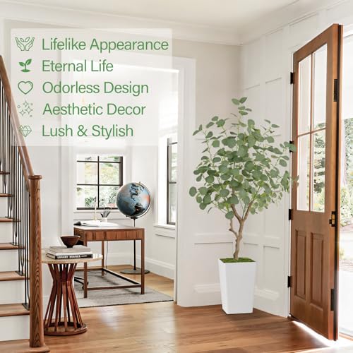 Artificial Eucalyptus Tree 5FT, Faux Eucalyptus Tree with Tall White Planter, Realistic Leaves & Natural Wood Trunk, Ideal for Home Decor and Housewarming Gift - size: 5ft