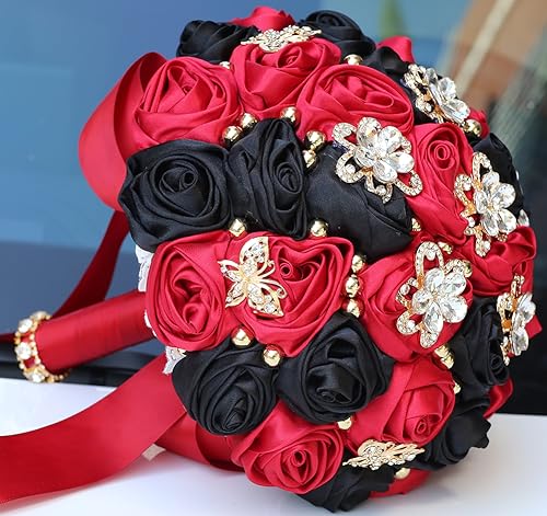 Sharebeauty 8.3" Handmade Satin Rose Bridal Bouquet Toss Round Wedding Bouquet Throw Toss Artificial Flower Bunch Ruby Red + Black - color: 809a Ruby Red/Black, size: 8.3"/21cm