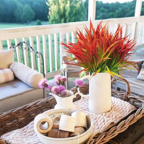 Outdoor Artificial Plants 8 Bundles Fake Plants Grass UV Resistant Fake Flowers Bush Greenery,17Inch Tall Faux Grass Shrubs for Home Porch Pathway Garden Décor Outside Indoor (red) - color: Red