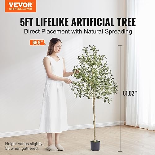VEVOR Artificial Olive Tree, 5 FT Tall Faux Plant, Secure PE Material & Anti-Tip Tilt Protection Low-Maintenance Plant, Lifelike Green Fake Potted Tree for Home Office Warehouse Decor Indoor Outdoor - color: Olive Tree Type 1, size: 5ft