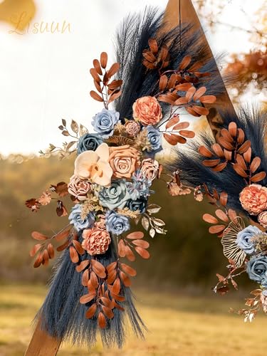 Lisuun Wedding Arch Flowers, Artificial Flowers for Decoration, Large Flower Swag for Boho Styles Wedding Ceremony Floral Decor - Pack of 2 - color: Blue Coffee Pampas