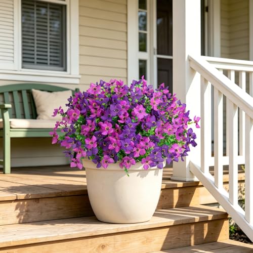 INXUGAO Artificial Faux Plants Flowers Outdoor Spring Summer Decoration, 12 Bundles Fake Silk Colorful Daisy Eucalyptus Realistic UV Resistant for Outside Home Planter Porch Patio Yard Decor (Purple) - color: Double Lotus B