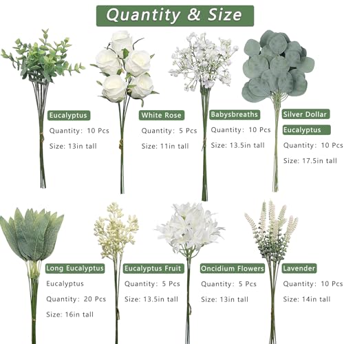 VIERENA Artificial Greenery Stems Box Set(Pack of 75pcs) with 8 Kinds of Faux Plants and Fake Flowers for DIY Wedding Bouquet Table Centerpieces and Floral Arrangement (White&Green) - color: White&green