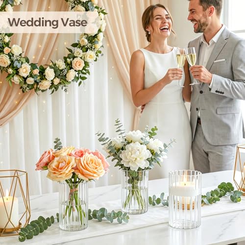 ComSaf Glass Cylinder Vases Pack of 12, Clear Ribbed Bud Vases for Centerpieces Weeding Decoration, 6 inch Tall Clear Flower Vases in Bulk, Hurricane Candle Holder for Party Home Decor - size: 6 Inch Tall (Uniform)