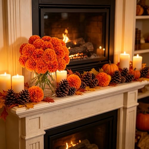 Kimura's Cabin 20Pcs Orange Chrysanthemums Artificial Flowers Marigolds Ball Flower with Stem Silk Fake Mums Fall Flowers for Autumn Home Table Centerpieces Day of The Dead Decor Halloween Arrangement - color: Orange Yellow