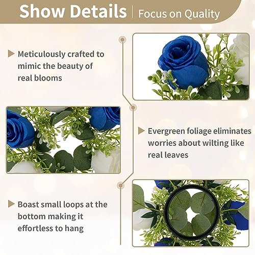 NUPTIO Small Wreath for Table Centerpieces: 9.05 Inch Royal Blue & White Flower Candle Rings for Wedding Party Christmas - Rose Wreaths for Spring Summer Front Door Porch Decor 6 Pcs - color: Royal Blue & White, size: Dia 9.05"-6pcs