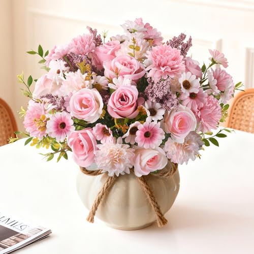 Artificial Fake Flowers for Spring Decoration, 4 Pcs Faux Silk Flower Arrangements Centerpiece for table with Chrysanthemum Rose Daisy Floral Bouquets Office Wedding Patio Porch Indoor Home Decor - color: Pink