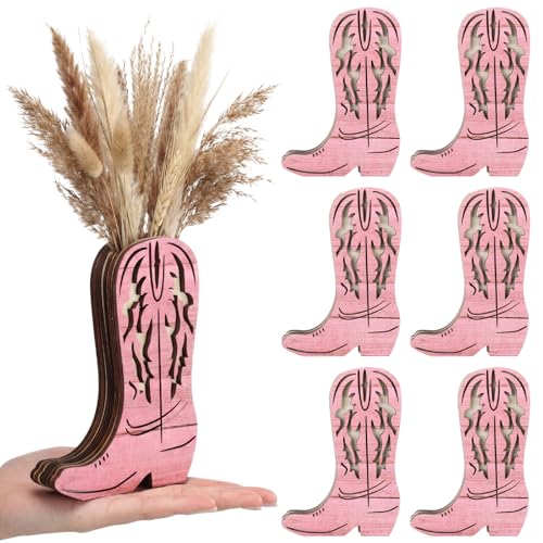 LemonRoad Wooden Cowboy Boot Vases for Wedding Small Cowboy Boot Flower Vase for Flower Faux Greenery Rustic Western Decor for Table Centerpiece Weddings Party (Classic,Pink,6 Pcs) - color: Pink, size: Classic