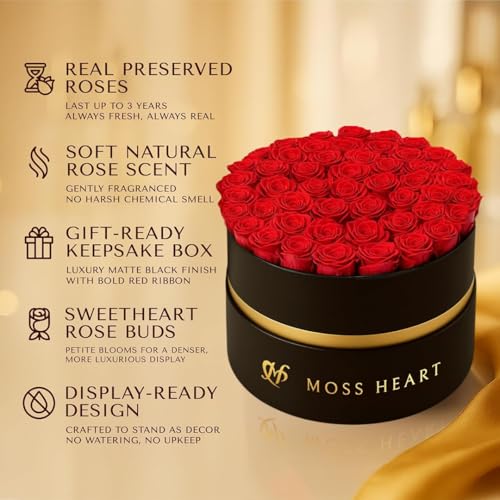 50 Petite Preserved Roses, Designer Round Box, Real Forever Roses Last 1+ Year, Premium Gift for Women, Wife, Girlfriend, Mother’s Day, Birthday, Anniversary, Valentine’s Day - color: Red, size: 50 Roses