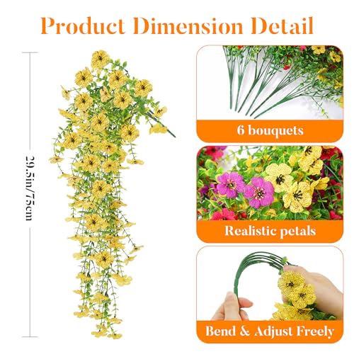 AGIRL 6 Bundles Artificial Hanging Flowers for Outdoor Spring Summer Decor,UV Resistant Faux Silk Flowers,Fake Plants with Realistic Look for Outside Indoor Planter Garden,Patio,Balcony,Porch and Yard - color: Red+yellow+fuchsia+purple