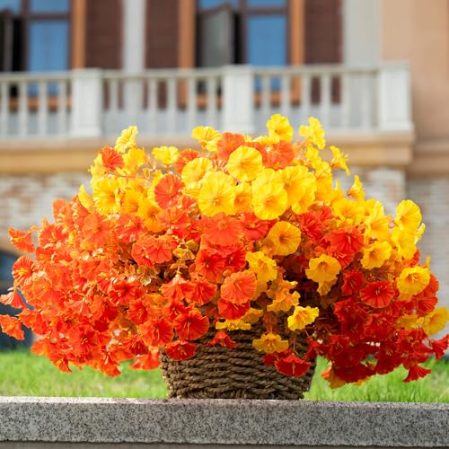 16 Bundles Fall Mums Artificial Flowers for Outdoor Decoration,Realistic Fake Plants Orange Red Petunias, UV Resistant Faux Yellow Silk Flowers for Vase Planter Front door Porch Garden (Autumn) - color: Autumm