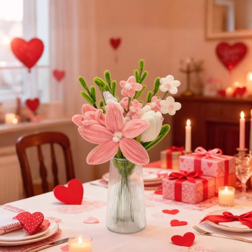 Completed Pipe Cleaners Flowers Bouquet, Pink Handmade Pipe Cleaners Bouquet, 3 Tulip 1 Lily 13 Daisy 17 PCS for Valentine’s Day Mother's Day Birthday Anniversary Wedding Home Decor Gifts - color: (Pink） Tulip Lily