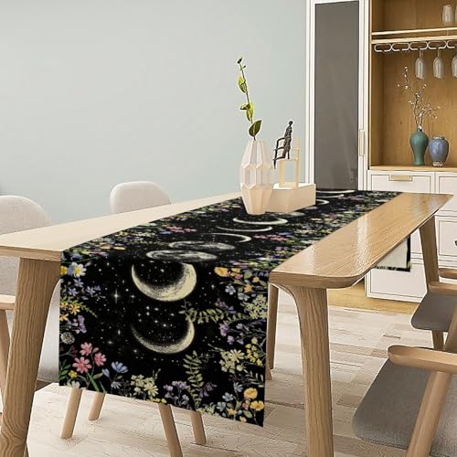 Wild Floral Table Runner, Boho Spring Gothic Moon Phase Wildflower Mystical Witchy Farmhouse Coffee Table Center Decor for Home Kitchen Dining Patio Holiday Party Table Decorations 13x36 inches - color: Tr-moon05, size: 13x36" Table Runner